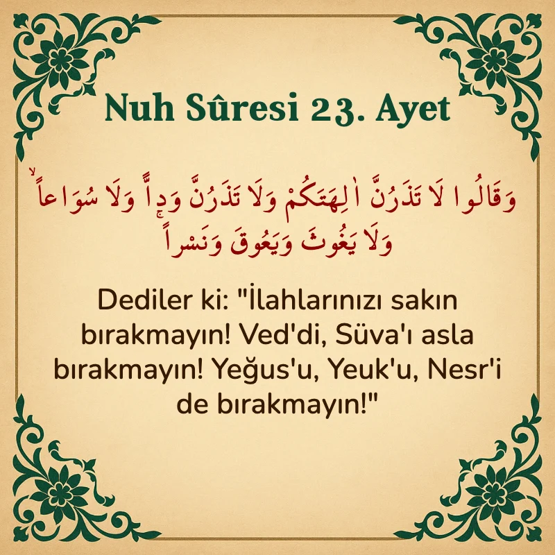 Nuh Suresi 23. Ayet Arapça ve Türkçe meali