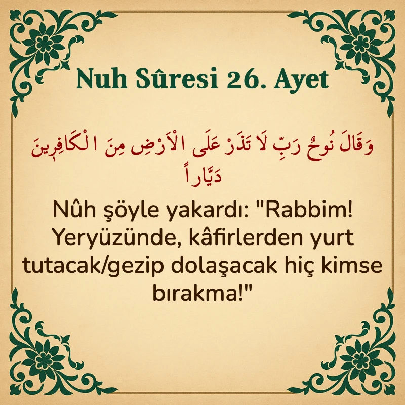 Nuh Suresi 26. Ayet Arapça ve Türkçe meali