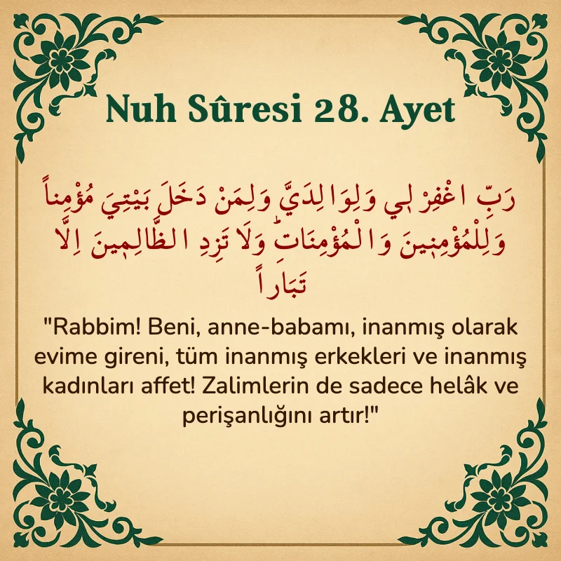 Nuh Suresi 28. Ayet Arapça ve Türkçe meali