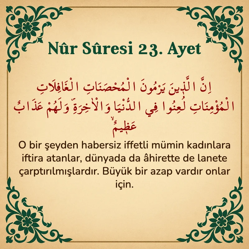 Nur Suresi 23. Ayet Arapça ve Türkçe meali