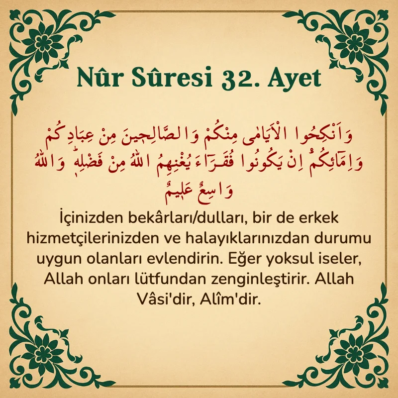 Nur Suresi 32. Ayet Arapça ve Türkçe meali
