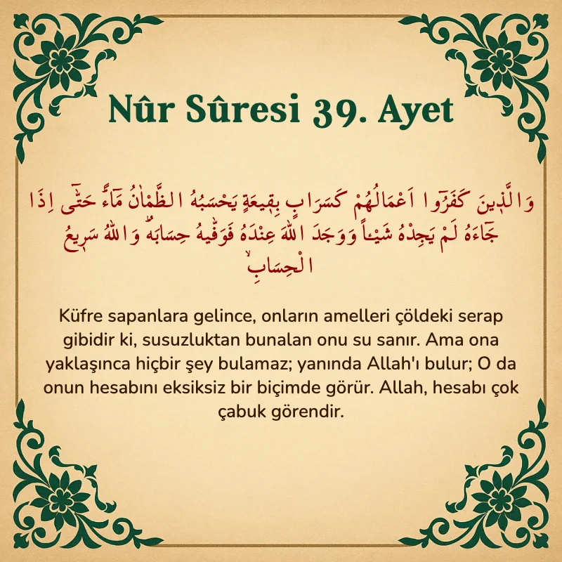 Nur Suresi 39. Ayet Arapça ve Türkçe meali