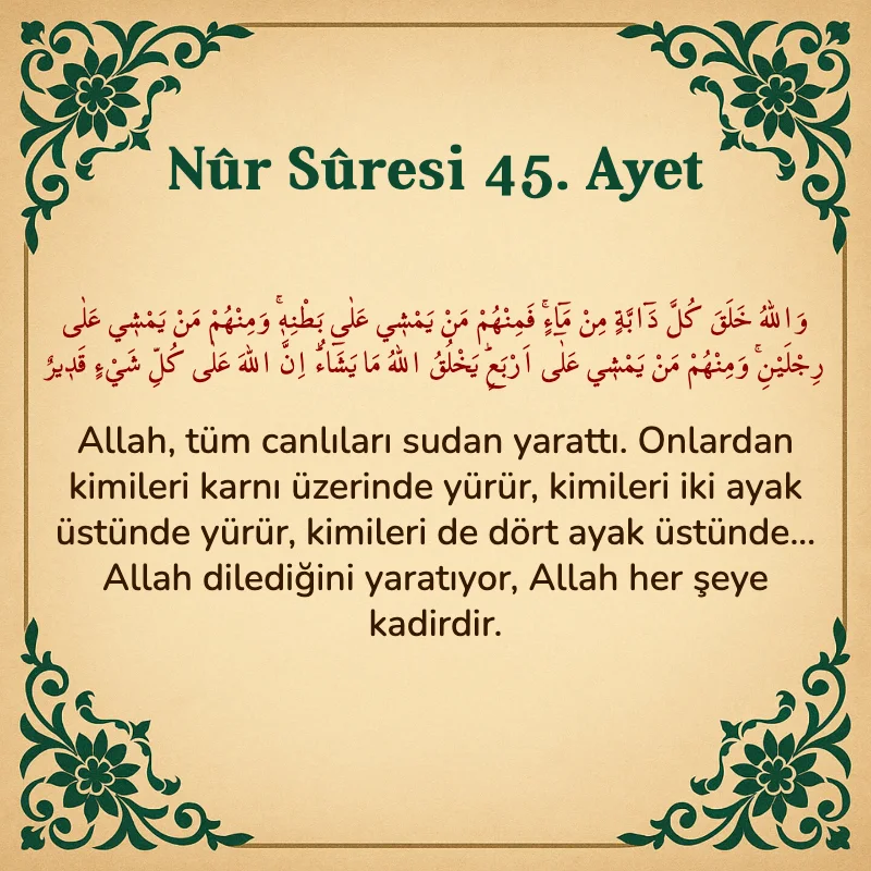 Nur Suresi 45. Ayet Arapça ve Türkçe meali