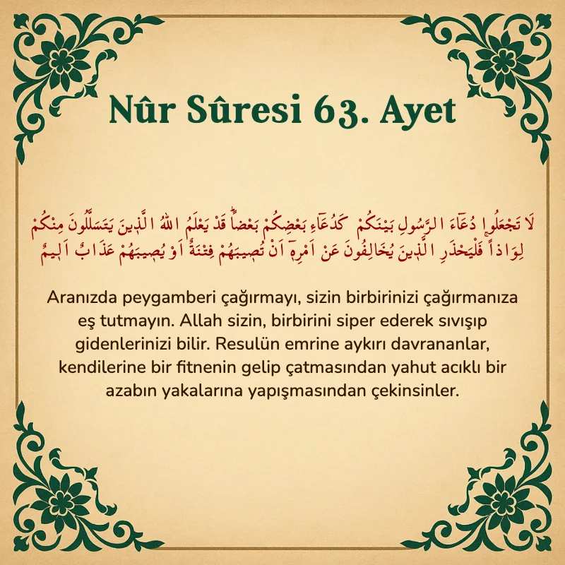 Nur Suresi 63. Ayet Arapça ve Türkçe meali