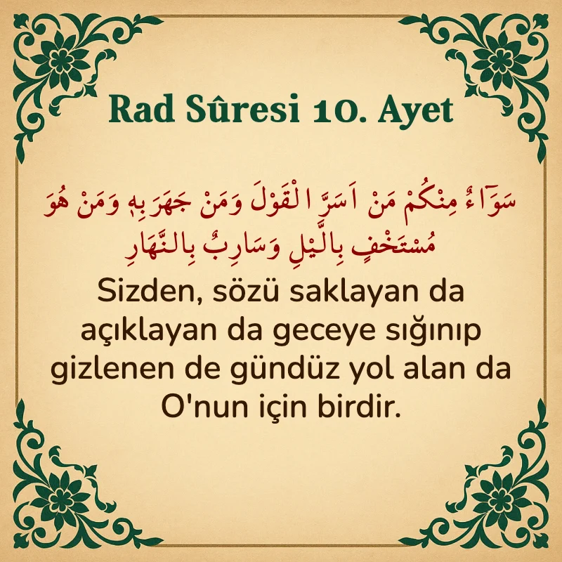 Rad Suresi 10. Ayet Arapça ve Türkçe meali