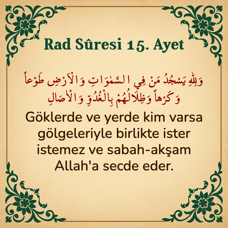 Rad Suresi 15. Ayet Arapça ve Türkçe meali