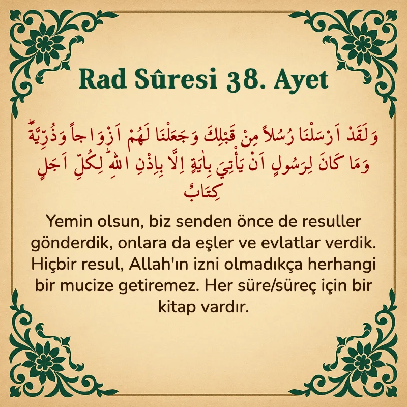 Rad Suresi 38. Ayet Arapça ve Türkçe meali
