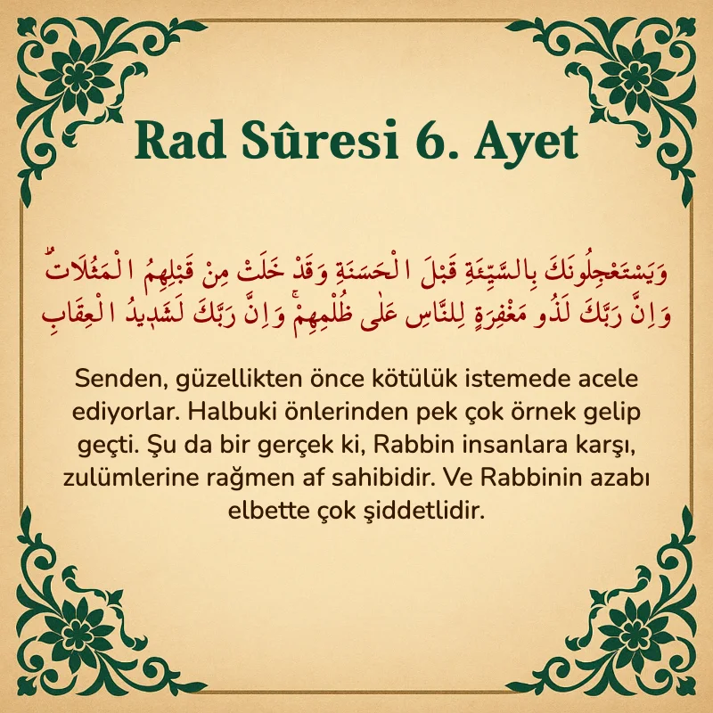 Rad Suresi 6. Ayet Arapça ve Türkçe meali