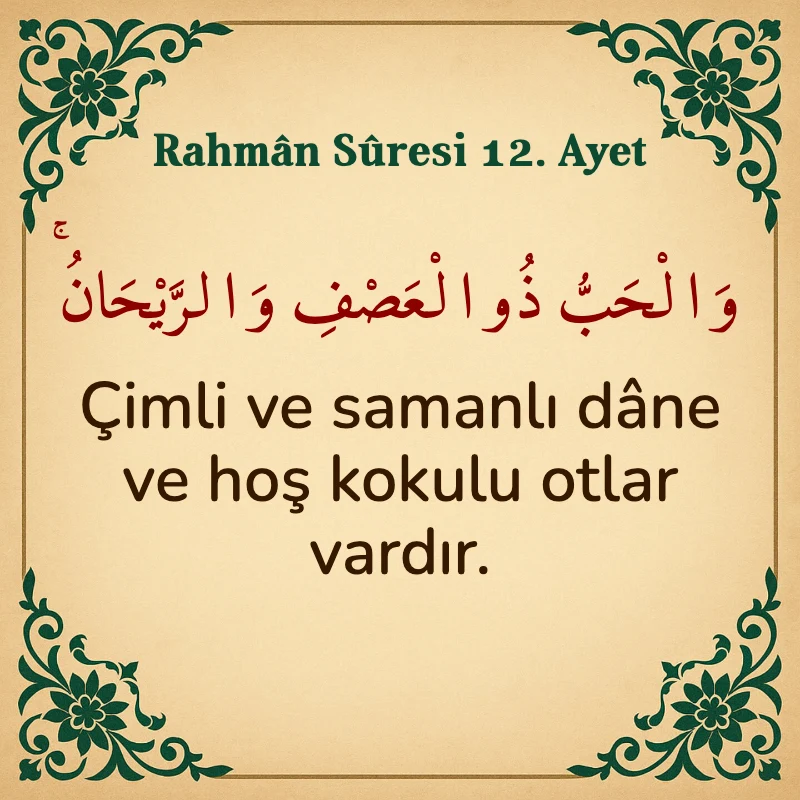 Rahman Suresi 12. Ayet Arapça ve Türkçe meali