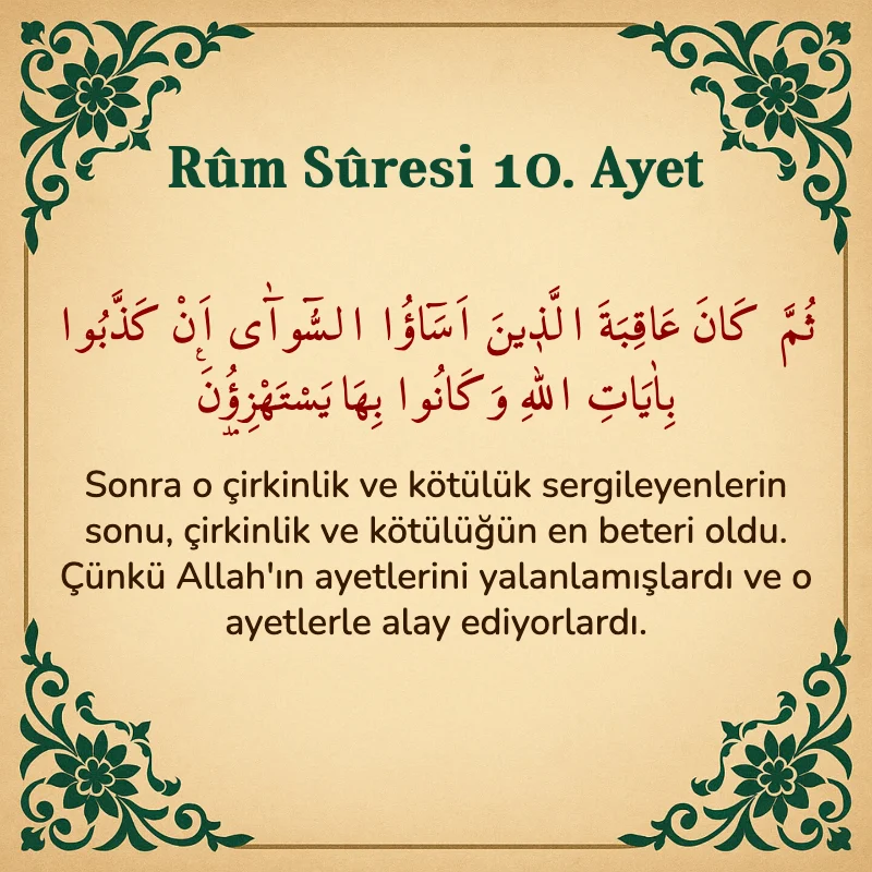 Rum Suresi 10. Ayet Arapça ve Türkçe meali