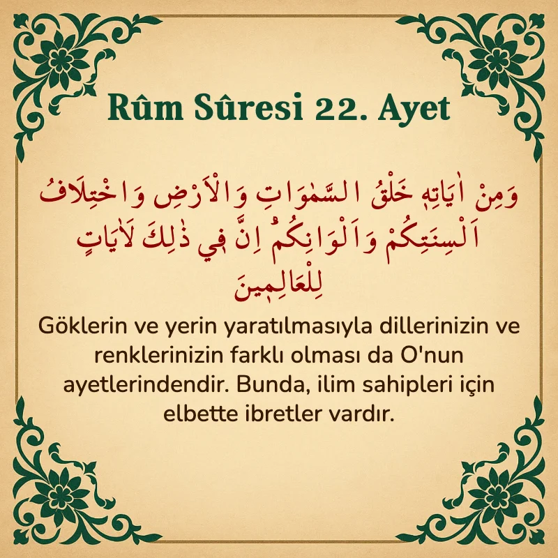 Rum Suresi 22. Ayet Arapça ve Türkçe meali