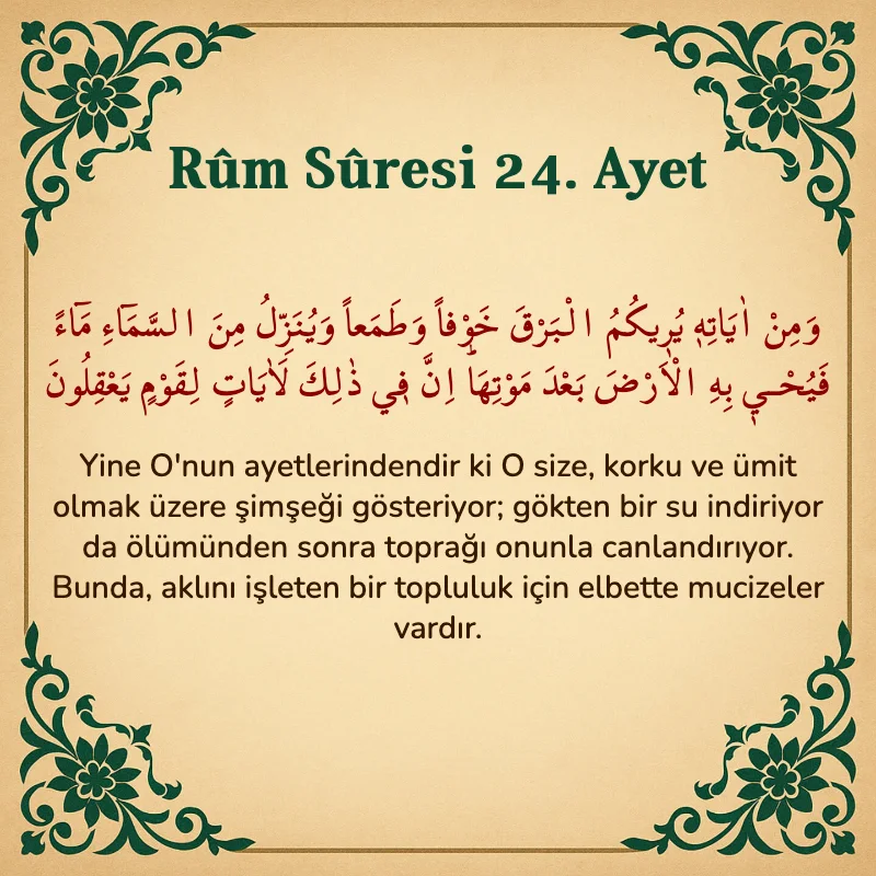 Rum Suresi 24. Ayet Arapça ve Türkçe meali