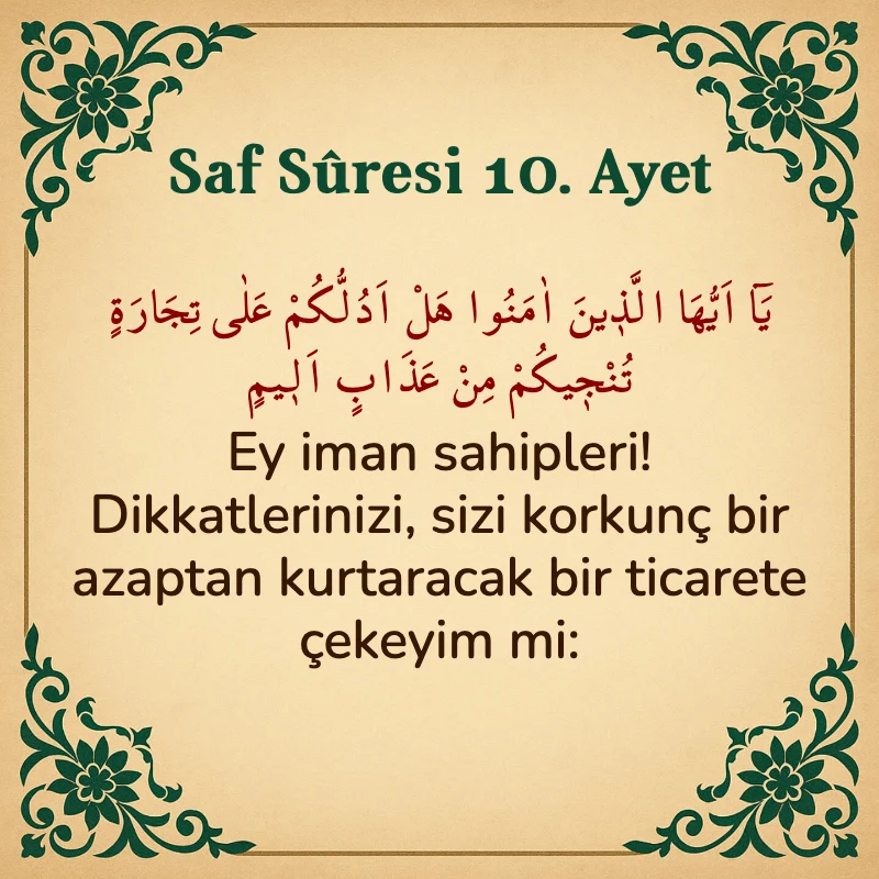 Saf Suresi 10. Ayet Arapça ve Türkçe meali