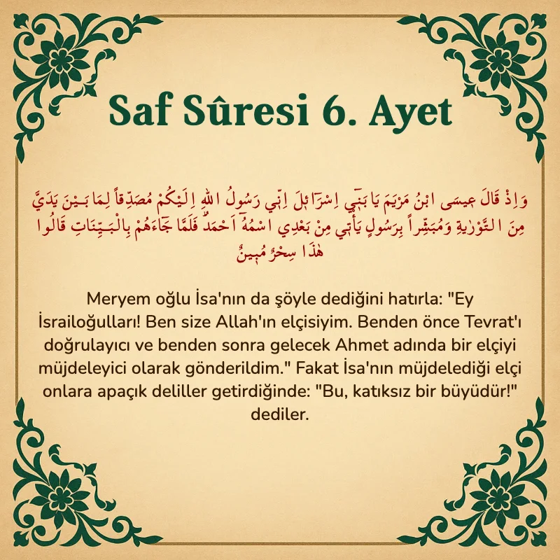 Saf Suresi 6. Ayet Arapça ve Türkçe meali