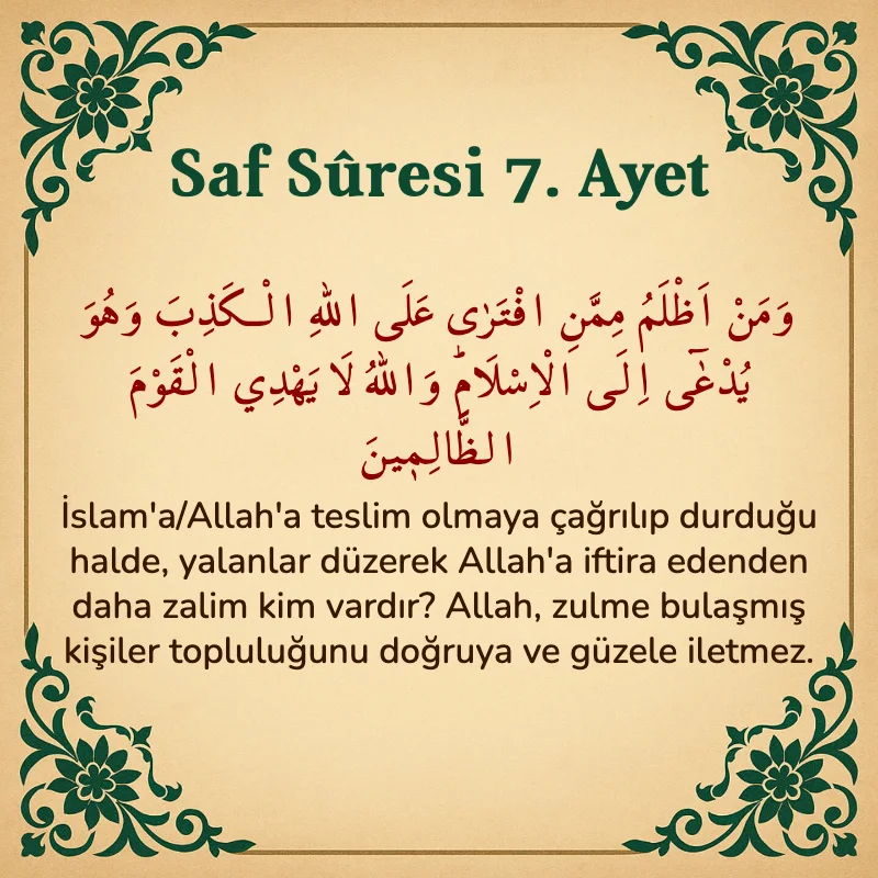 Saf Suresi 7. Ayet Arapça ve Türkçe meali
