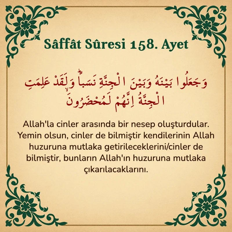Saffat Suresi 158. Ayet Arapça ve Türkçe meali