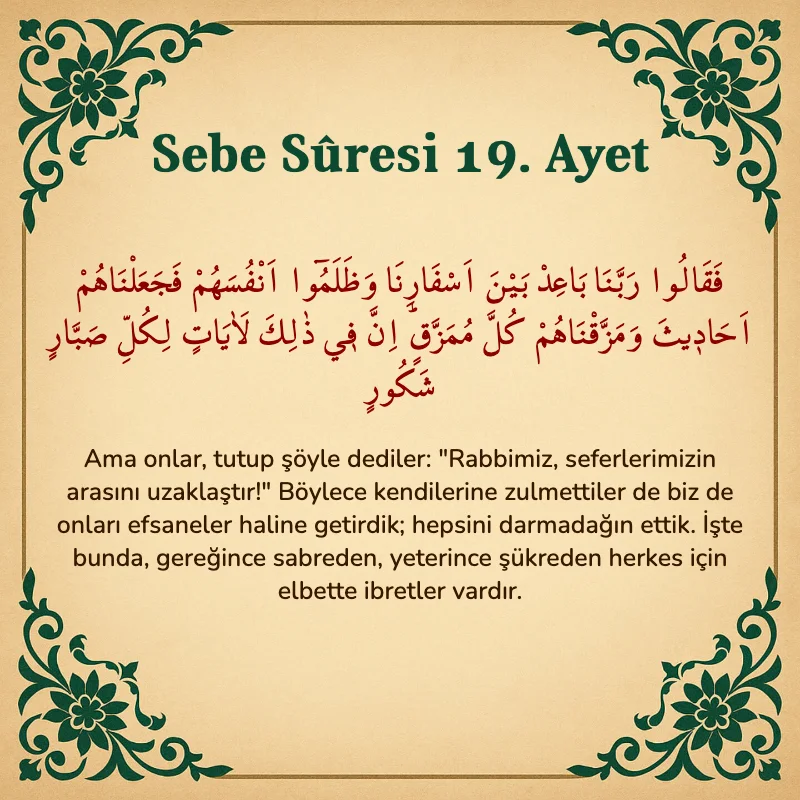 Sebe Suresi 19. Ayet Arapça ve Türkçe meali