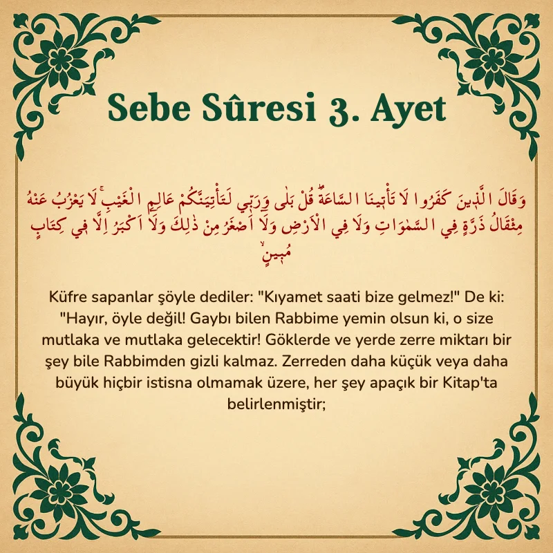Sebe Suresi 3. Ayet Arapça ve Türkçe meali