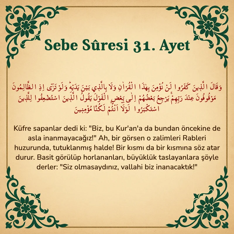 Sebe Suresi 31. Ayet Arapça ve Türkçe meali