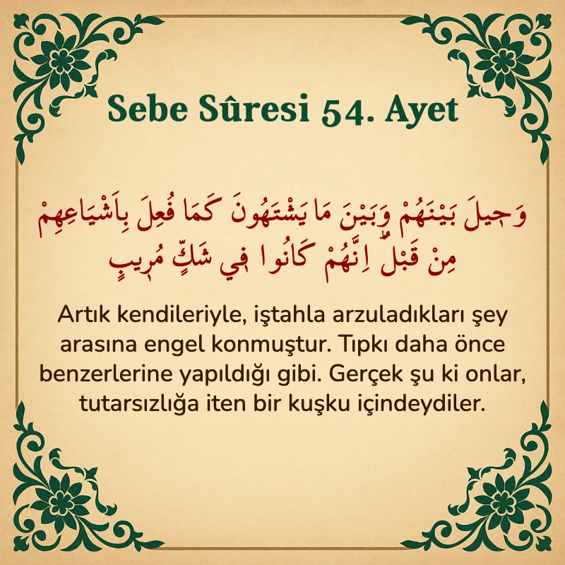 Sebe Suresi 54. Ayet Arapça ve Türkçe meali