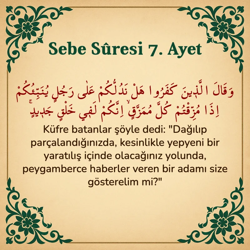 Sebe Suresi 7. Ayet Arapça ve Türkçe meali