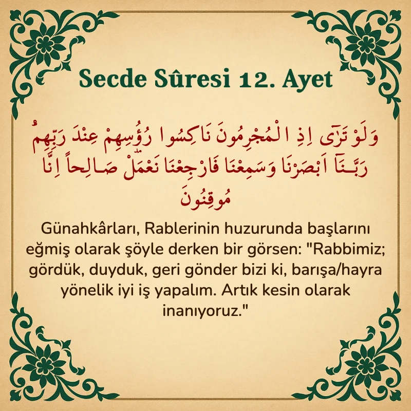 Secde Suresi 12. Ayet Arapça ve Türkçe meali