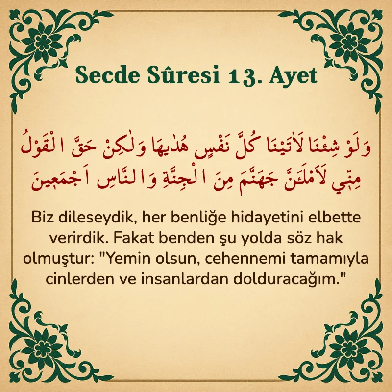 Secde Suresi 13. Ayet Arapça ve Türkçe meali