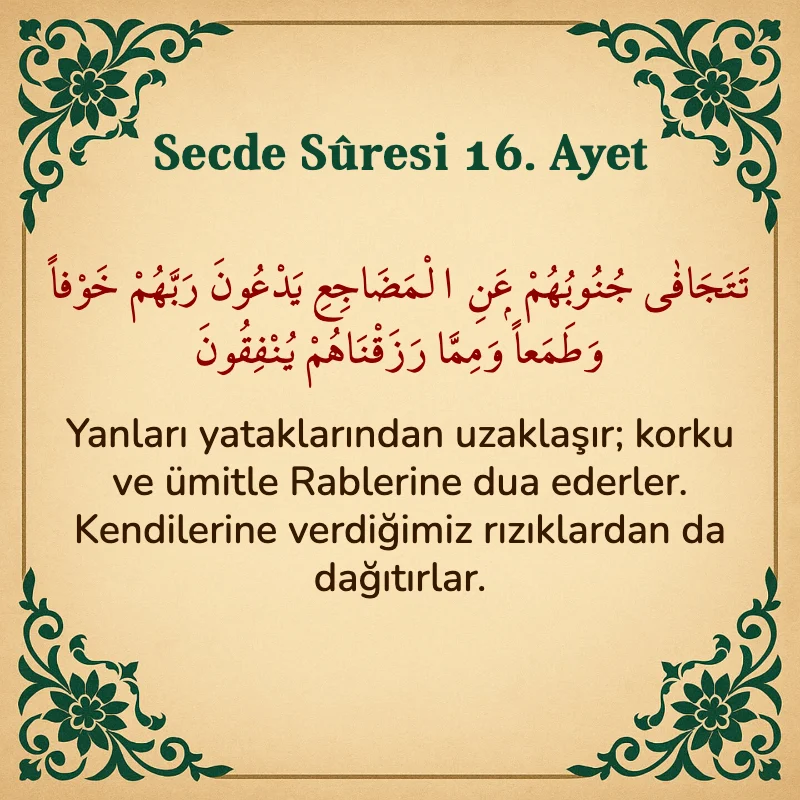Secde Suresi 16. Ayet Arapça ve Türkçe meali