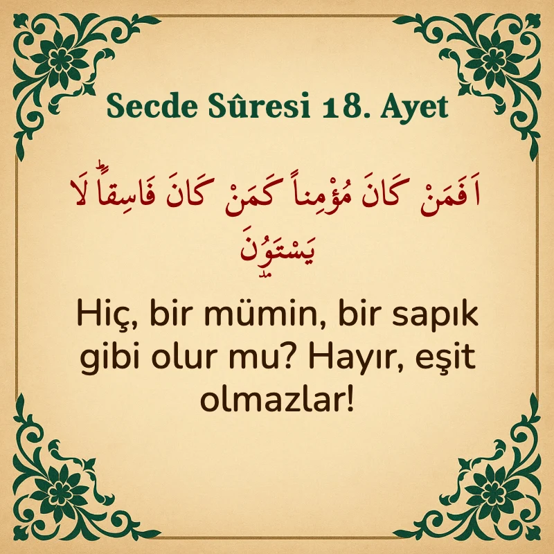 Secde Suresi 18. Ayet Arapça ve Türkçe meali