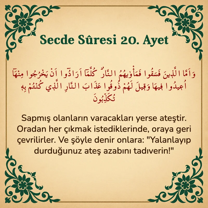 Secde Suresi 20. Ayet Arapça ve Türkçe meali