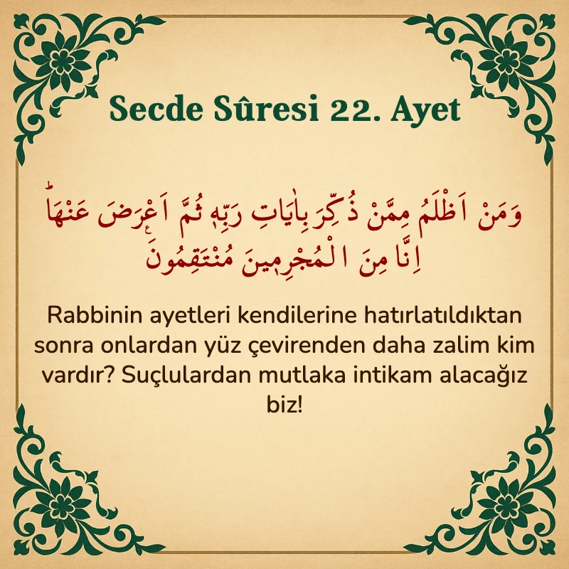 Secde Suresi 22. Ayet Arapça ve Türkçe meali