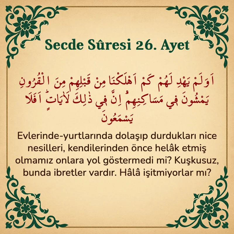 Secde Suresi 26. Ayet Arapça ve Türkçe meali