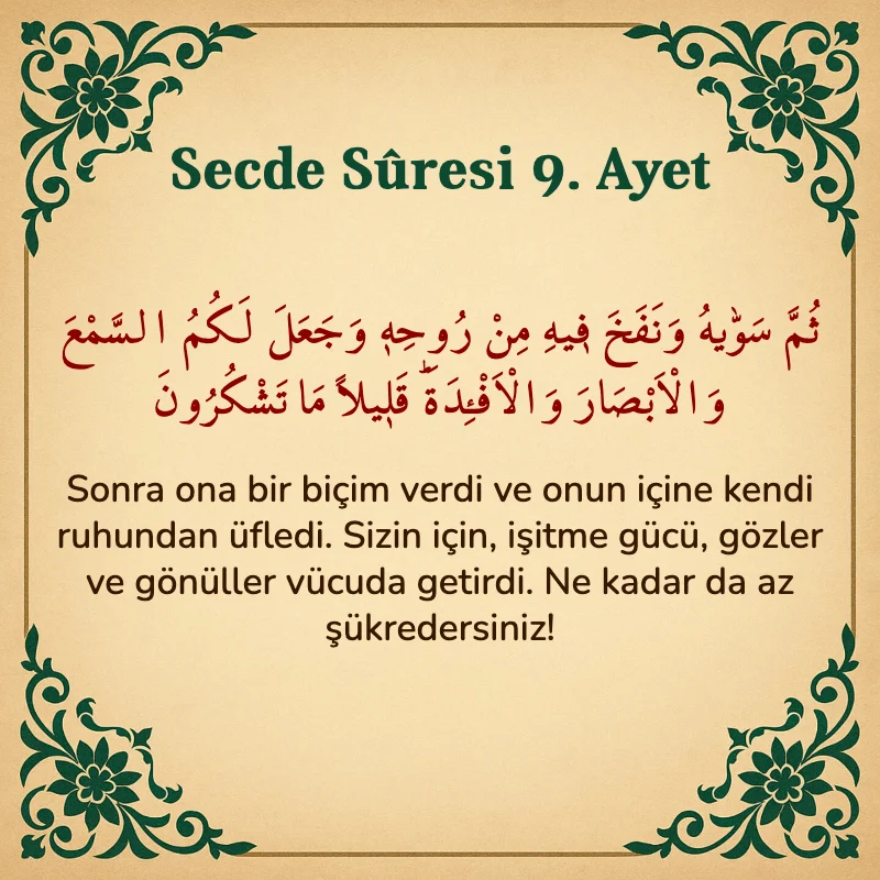 Secde Suresi 9. Ayet Arapça ve Türkçe meali