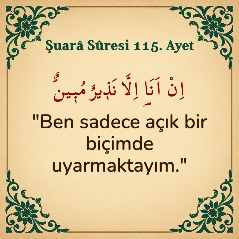 Şuara Suresi 115. Ayet Arapça ve Türkçe meali