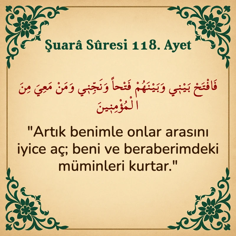 Şuara Suresi 118. Ayet Arapça ve Türkçe meali