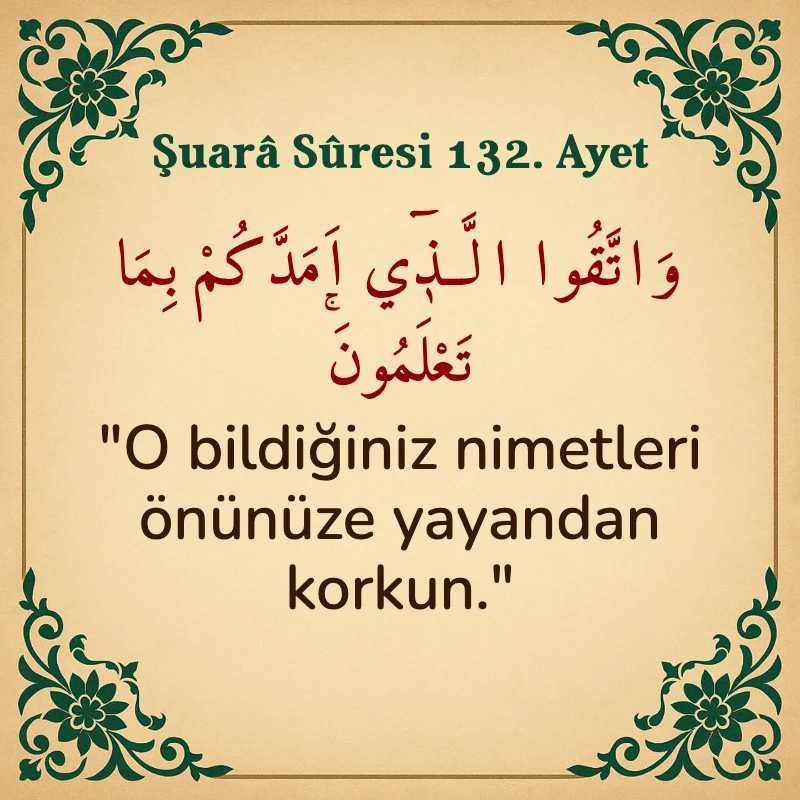 Şuara Suresi 132. Ayet Arapça ve Türkçe meali