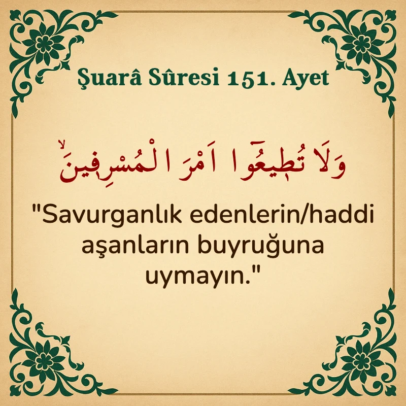 Şuara Suresi 151. Ayet Arapça ve Türkçe meali