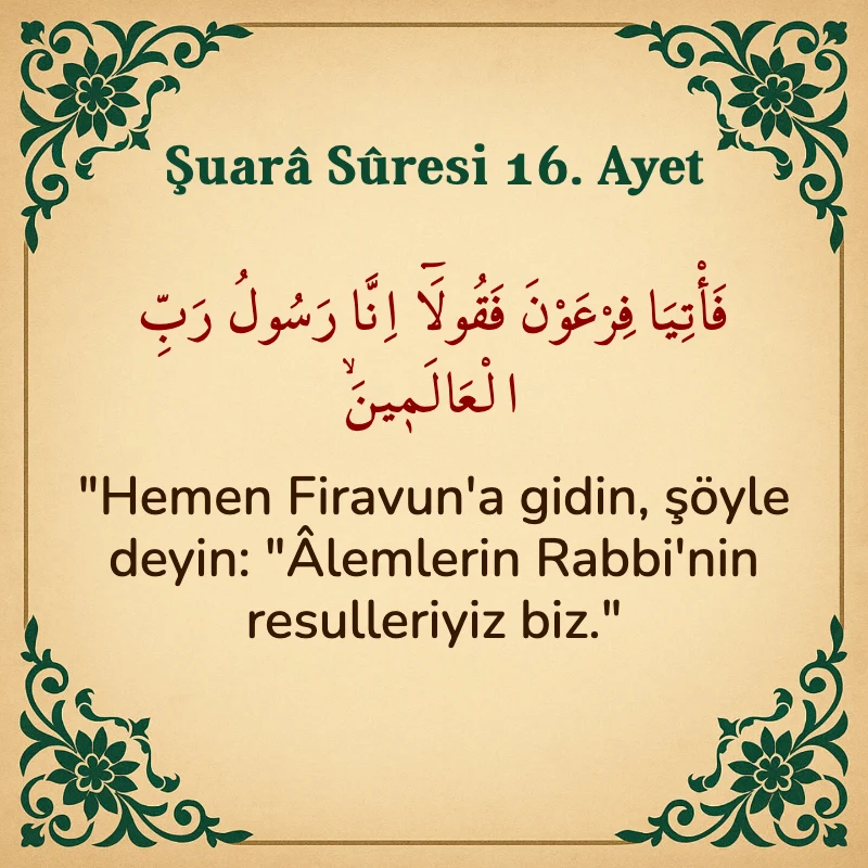 Şuara Suresi 16. Ayet Arapça ve Türkçe meali