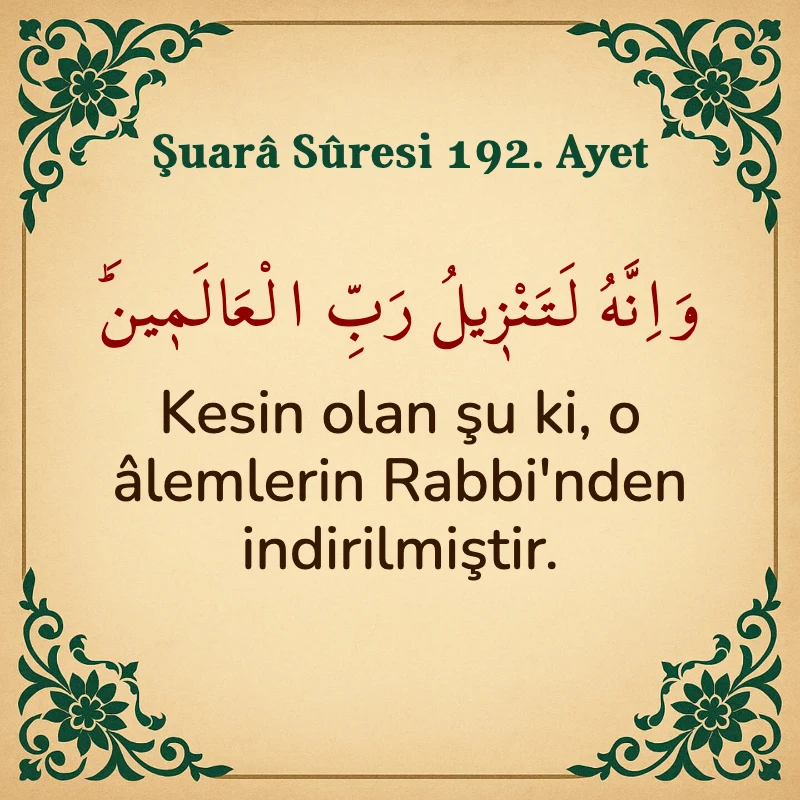 Şuara Suresi 192. Ayet Arapça ve Türkçe meali