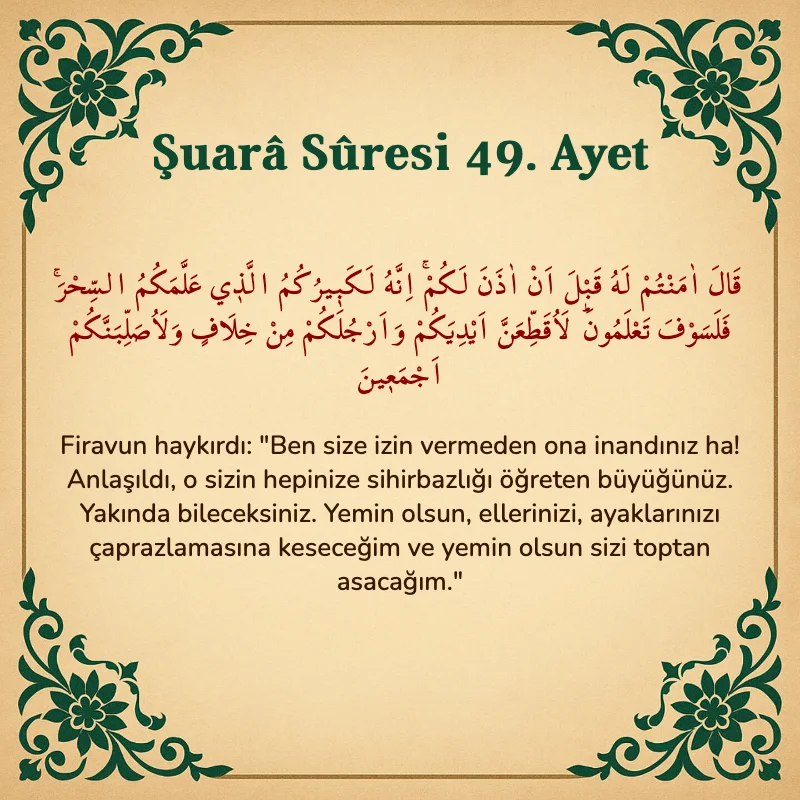 Şuara Suresi 49. Ayet Arapça ve Türkçe meali