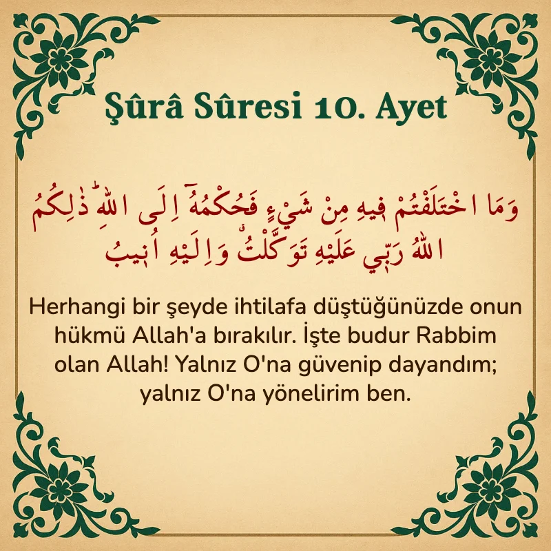 Şura Suresi 10. Ayet Arapça ve Türkçe meali