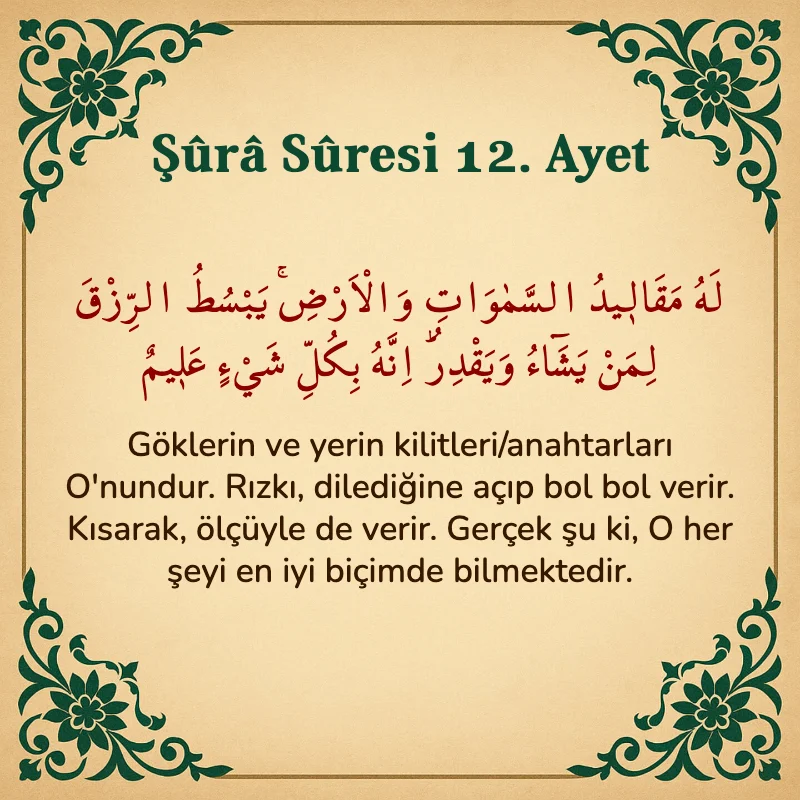 Şura Suresi 12. Ayet Arapça ve Türkçe meali