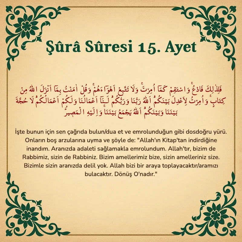 Şura Suresi 15. Ayet Arapça ve Türkçe meali