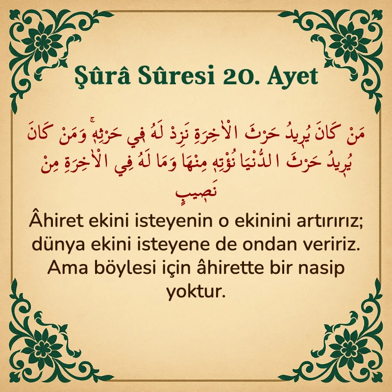 Şura Suresi 20. Ayet Arapça ve Türkçe meali