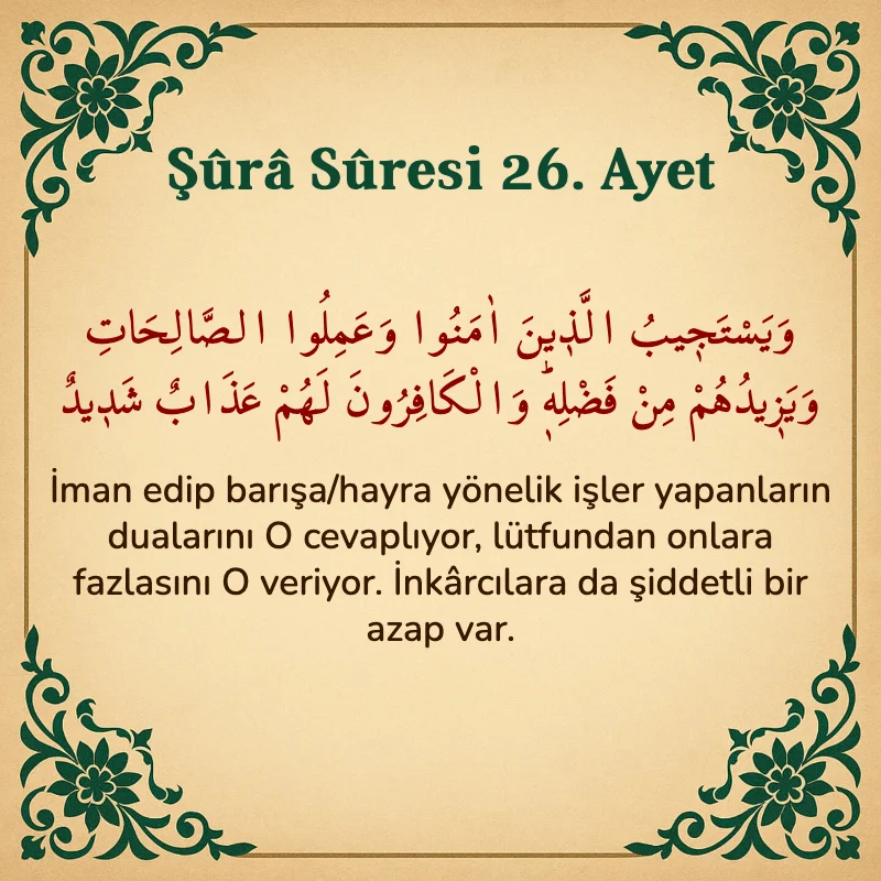 Şura Suresi 26. Ayet Arapça ve Türkçe meali