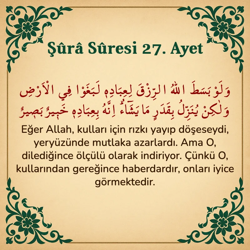Şura Suresi 27. Ayet Arapça ve Türkçe meali
