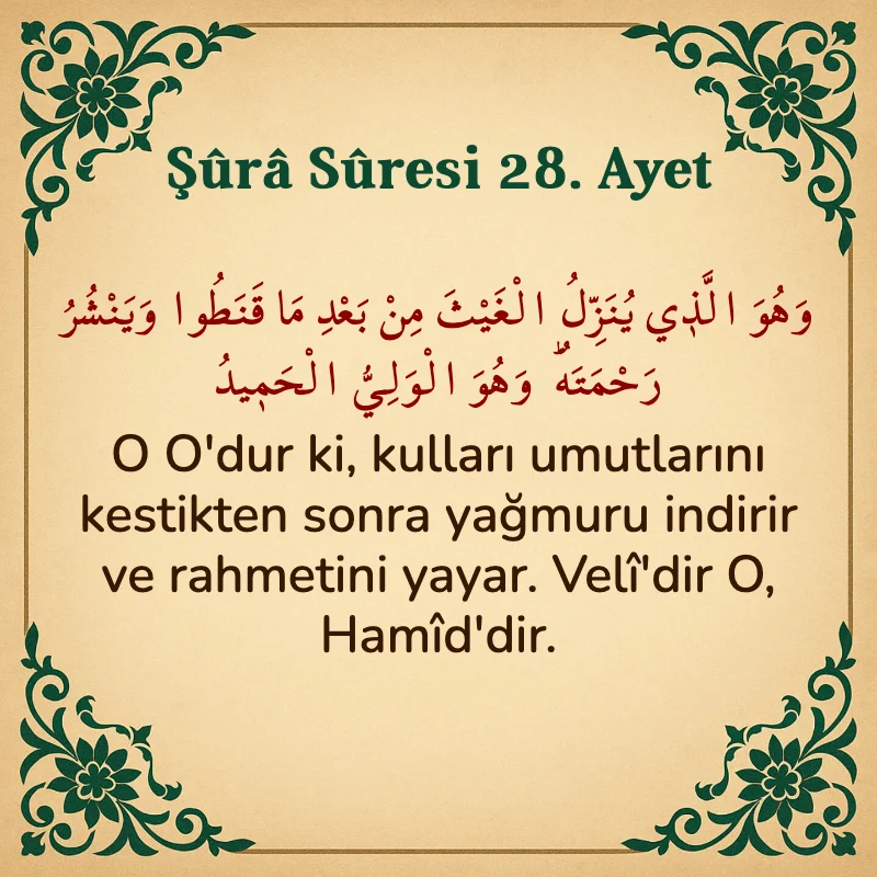Şura Suresi 28. Ayet Arapça ve Türkçe meali