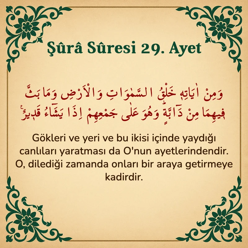 Şura Suresi 29. Ayet Arapça ve Türkçe meali
