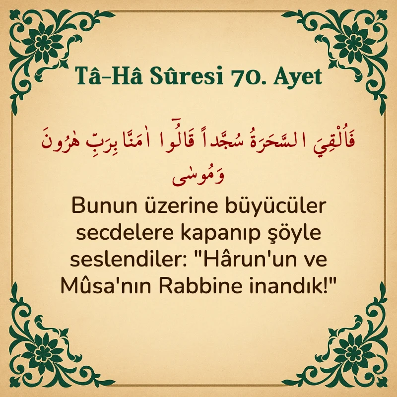 Taha Suresi 70. Ayet Arapça ve Türkçe meali