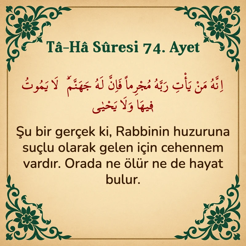 Taha Suresi 74. Ayet Arapça ve Türkçe meali